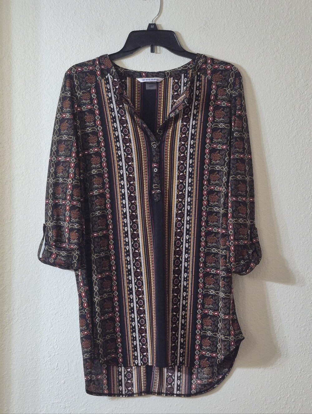 Peter Nygard Black Multicolor Striped Boho Button-Front Tunic